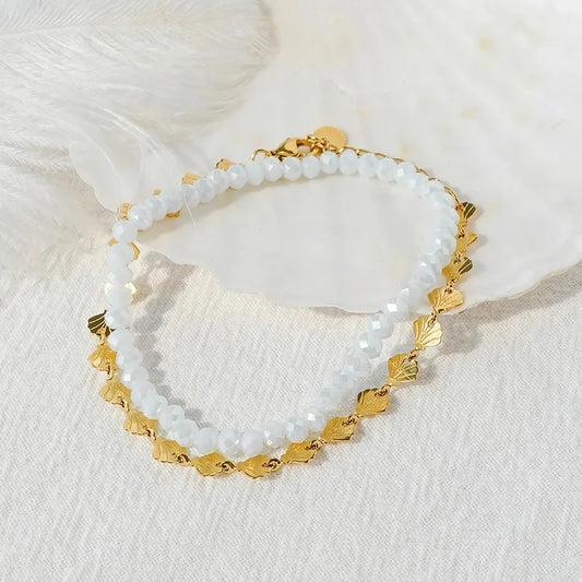 Casual French Style Beach Round Ginkgo Leaf 14K Gold Plated 304 Stainless Steel Seed Bead Wholesale Bracelets