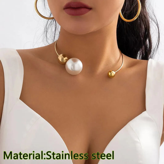 Casual Geometric 18K Gold Plated Artificial Pearls Artificial Pearl Titanium Steel Wholesale Choker