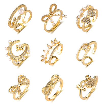 Casual Geometric Heart Shape Bow Knot Copper Plating Inlay Zircon Open Rings