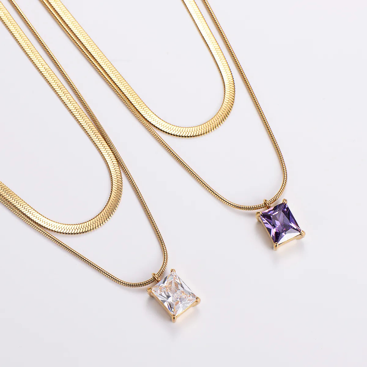 Casual Geometric Stainless Steel Zircon 18k Gold Plated Double Layer Necklaces