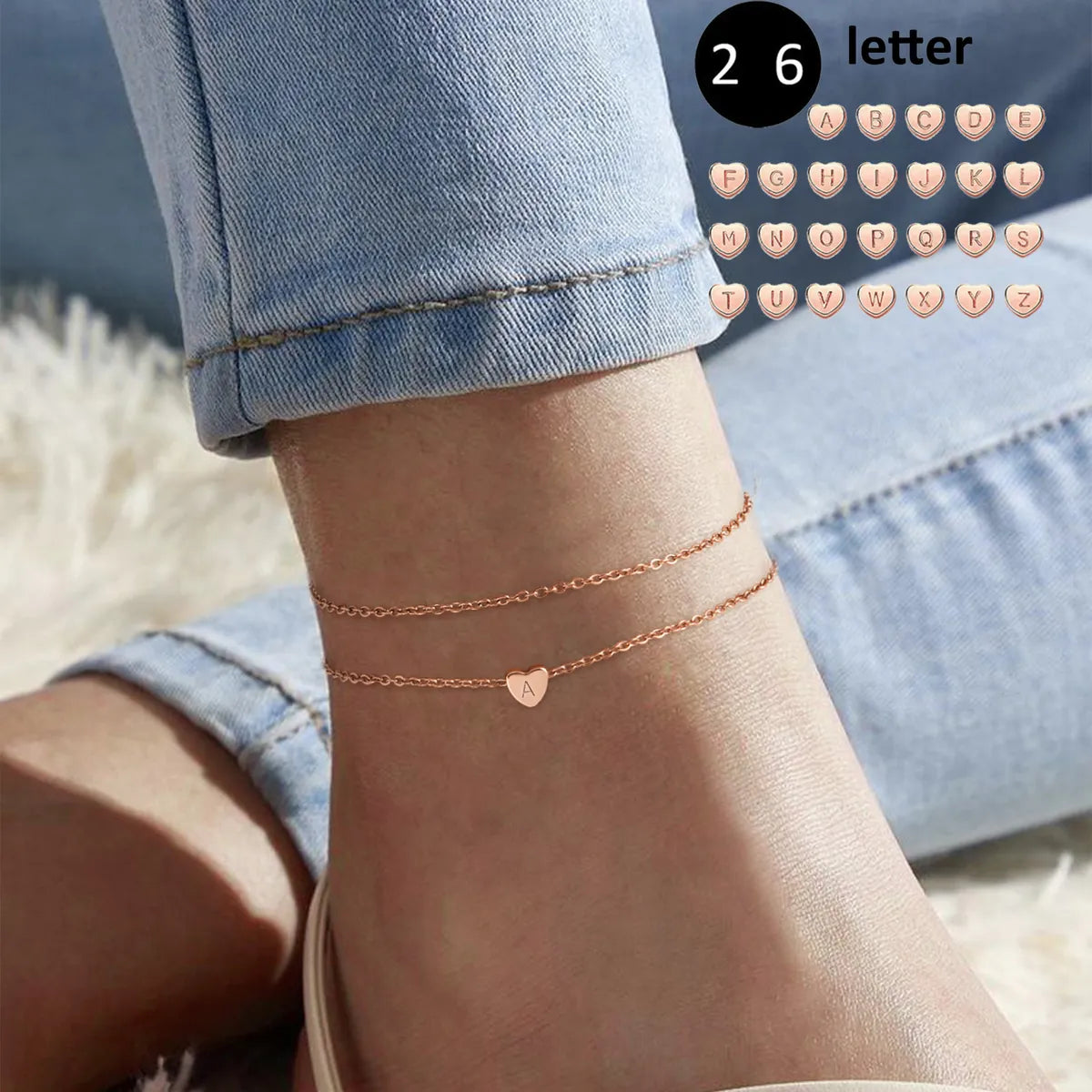 Casual Hawaiian Simple Style Letter Heart Shape 316 Stainless Steel  Layered Inlay Zircon 18K Gold Plated Rose Gold Plated Silver Plated Women's Anklet