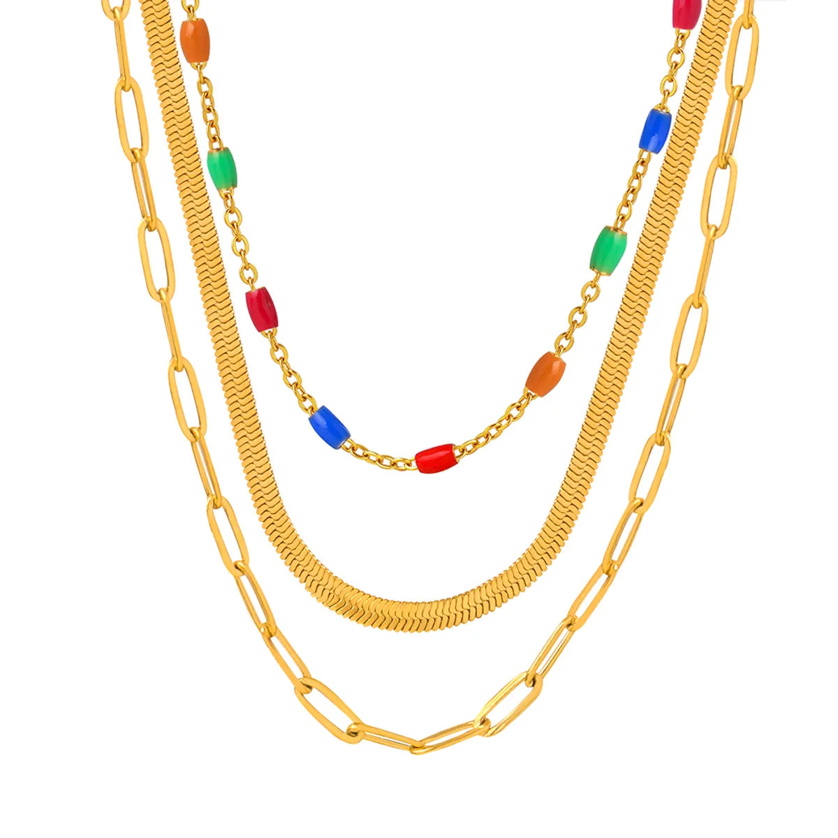 Casual Hawaiian Tropical Colorful Titanium Steel Enamel Plating 18k Gold Plated Three Layer Necklace