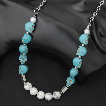 Casual Hip-hop Classic Style Skull Stainless Steel Turquoise Beaded Necklace