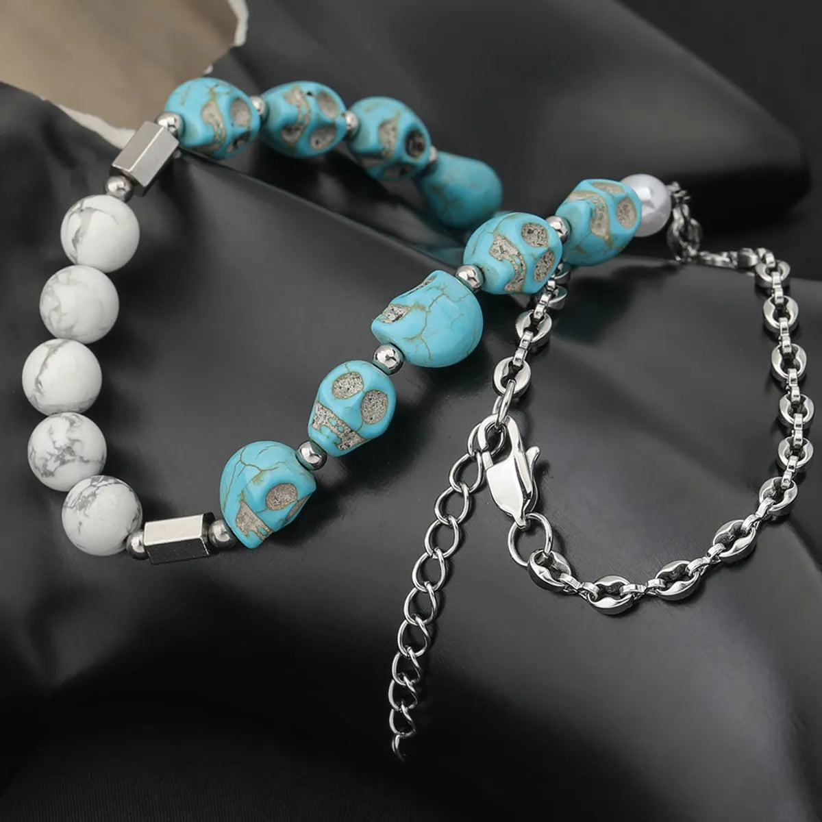 Casual Hip-hop Classic Style Skull Stainless Steel Turquoise Beaded Necklace