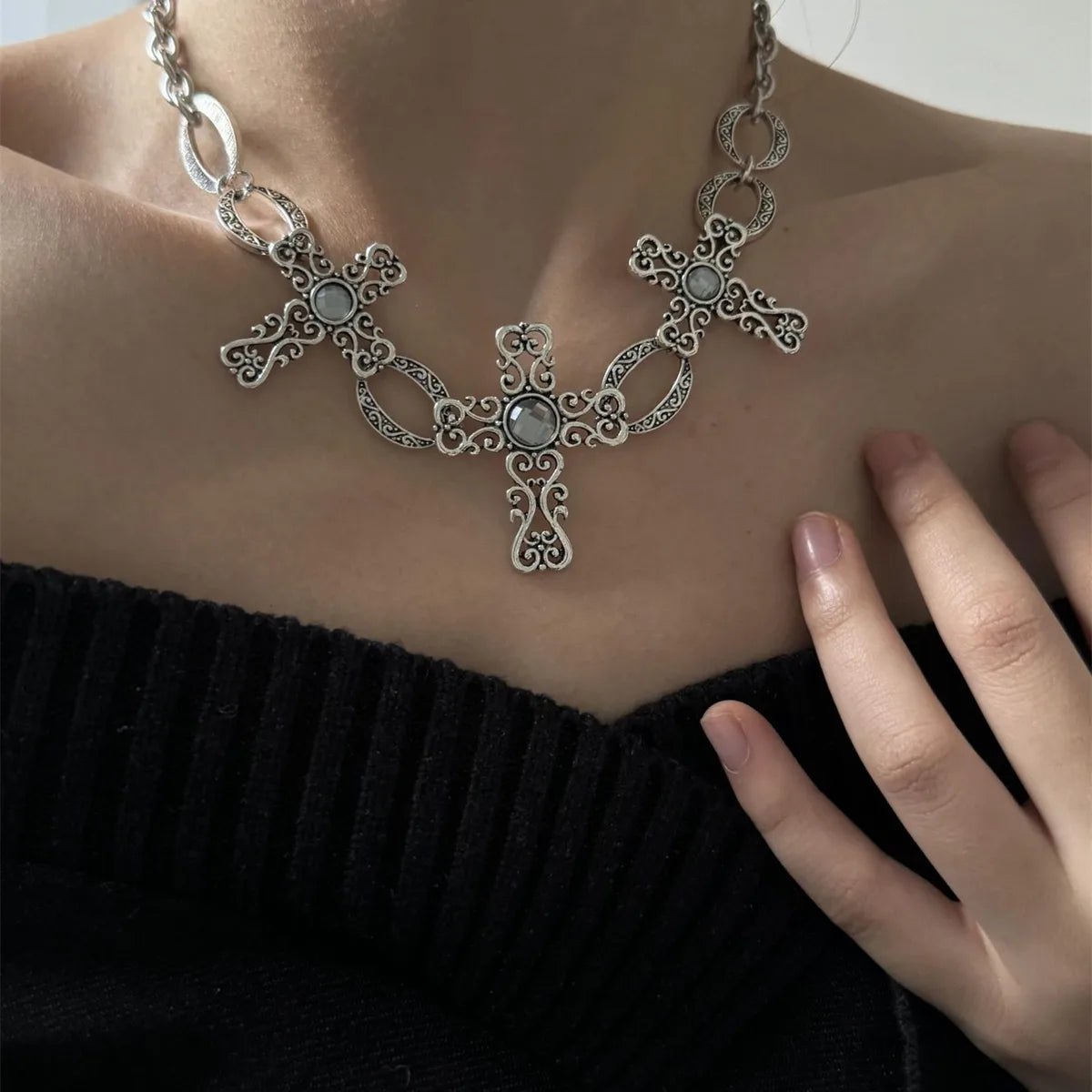 Casual Hip-Hop Cross Alloy Inlay Acrylic Silver Plated Women'S Necklace