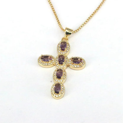 Casual Hip-Hop Cross Copper Plating Inlay Zircon Gold Plated Pendant Necklace