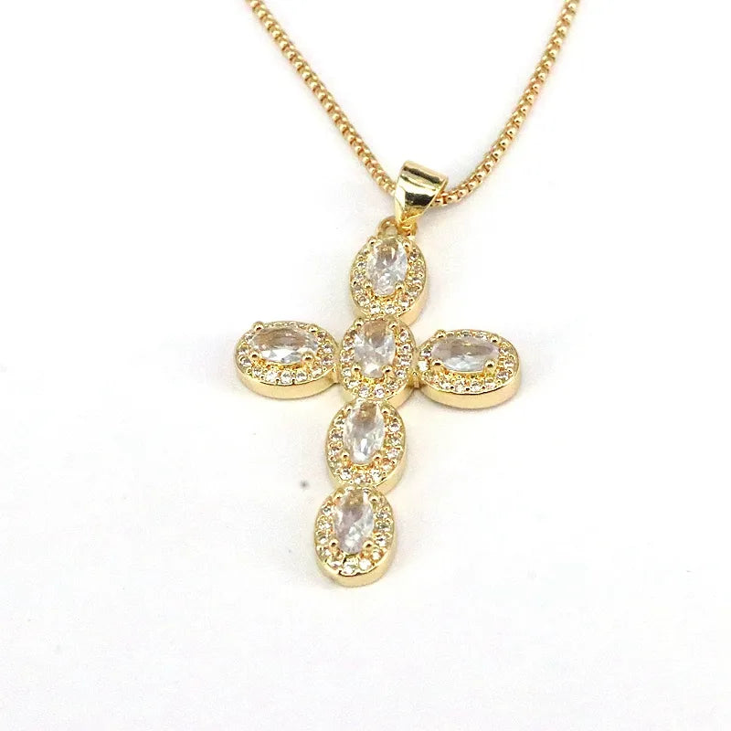 Casual Hip-Hop Cross Copper Plating Inlay Zircon Gold Plated Pendant Necklace