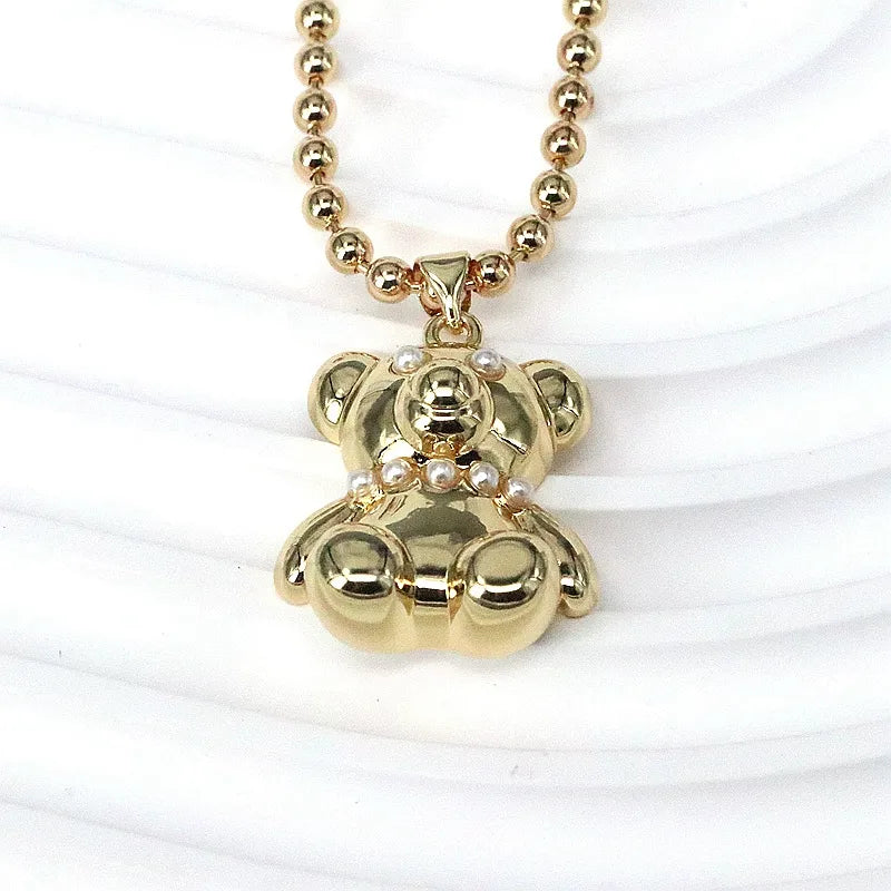 Casual Hip-Hop Little Bear Copper Plating Inlay Pearl Gold Plated Pendant Necklace