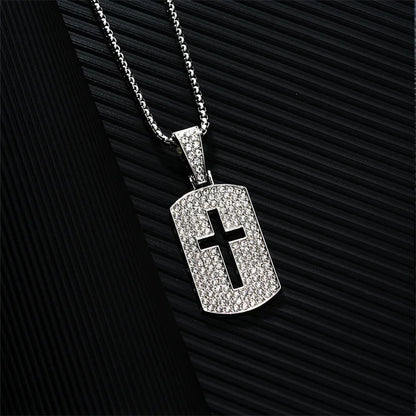 Casual Hip-Hop Rock Cross 304 Stainless Steel Alloy Hollow Out Inlay Rhinestones Rhodium Plated Men'S Pendant Necklace