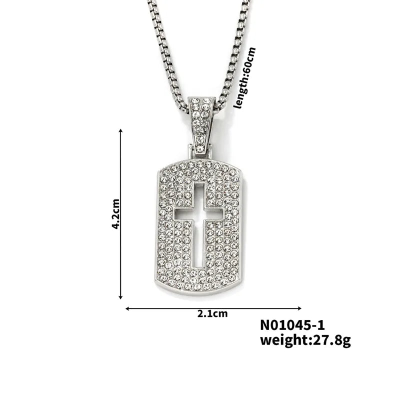 Casual Hip-Hop Rock Cross 304 Stainless Steel Alloy Hollow Out Inlay Rhinestones Rhodium Plated Men'S Pendant Necklace