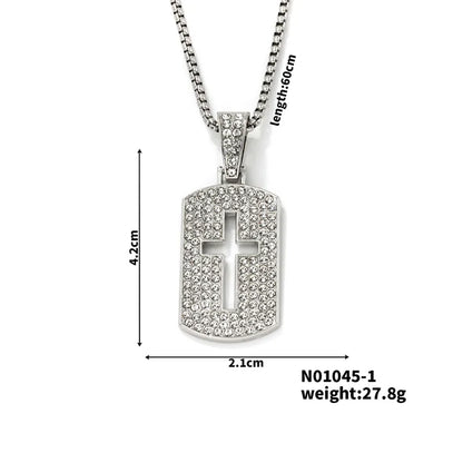 Casual Hip-Hop Rock Cross 304 Stainless Steel Alloy Hollow Out Inlay Rhinestones Rhodium Plated Men'S Pendant Necklace