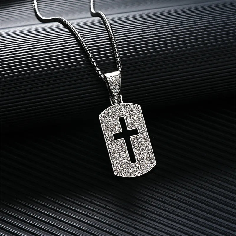 Casual Hip-Hop Rock Cross 304 Stainless Steel Alloy Hollow Out Inlay Rhinestones Rhodium Plated Men'S Pendant Necklace