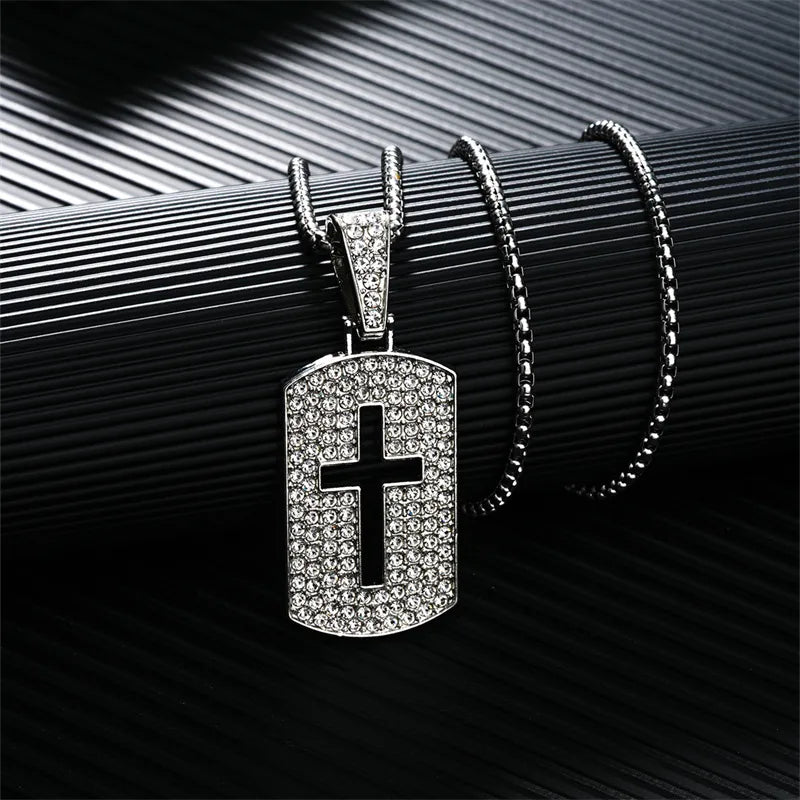 Casual Hip-Hop Rock Cross 304 Stainless Steel Alloy Hollow Out Inlay Rhinestones Rhodium Plated Men'S Pendant Necklace