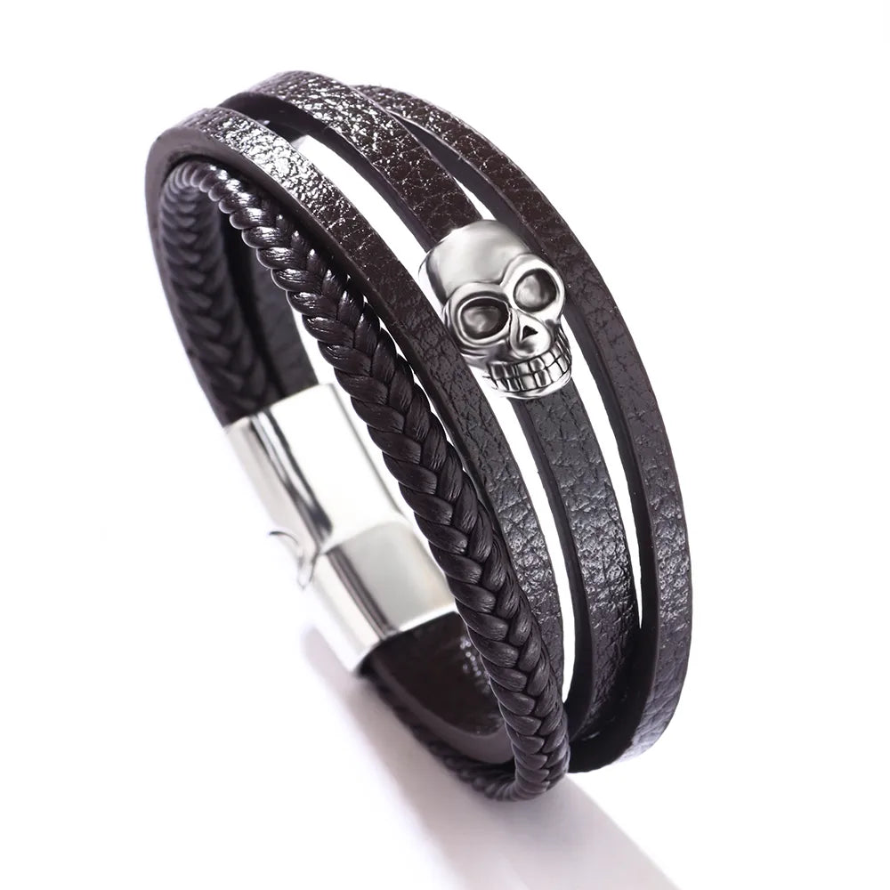 Casual Hip-Hop Skull Pu Leather Alloy Men'S Wristband