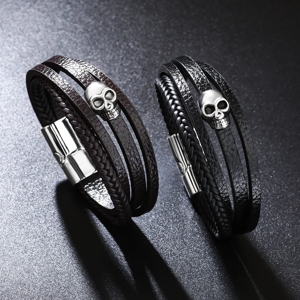 Casual Hip-Hop Skull Pu Leather Alloy Men'S Wristband