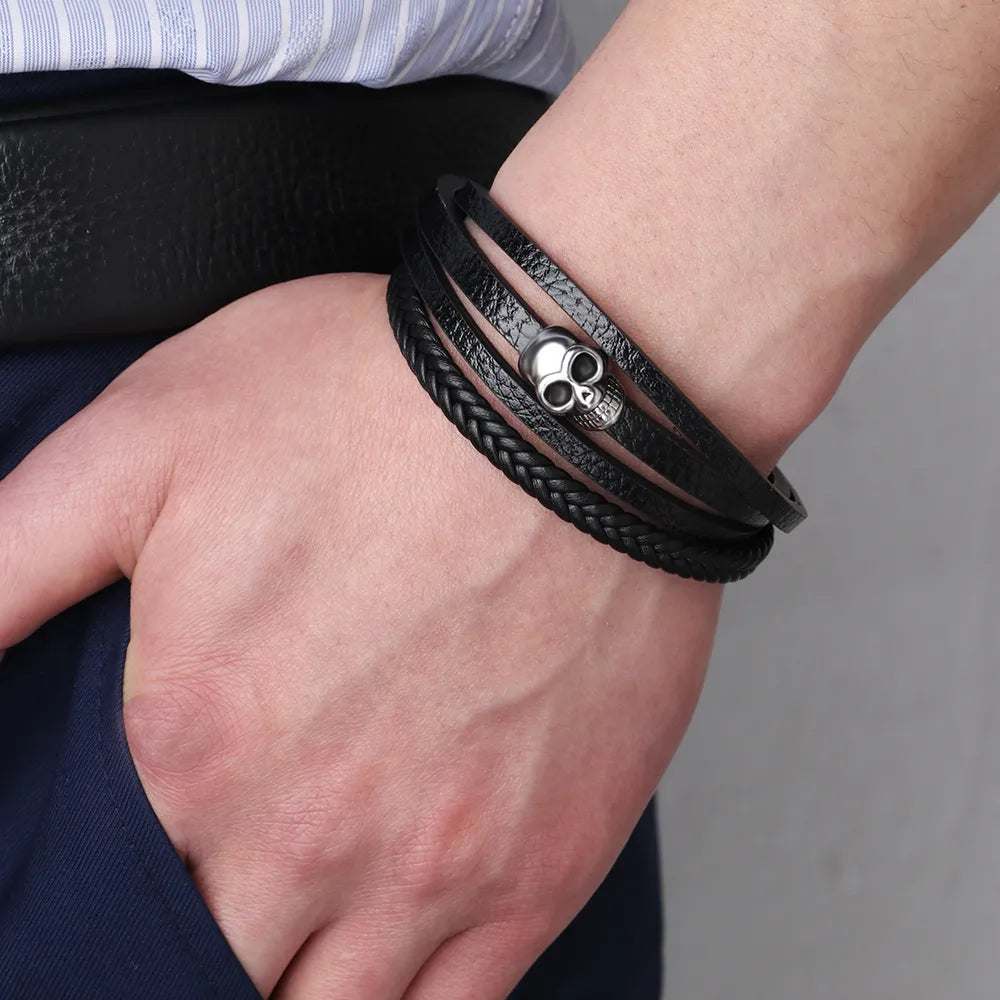 Casual Hip-Hop Skull Pu Leather Alloy Men'S Wristband