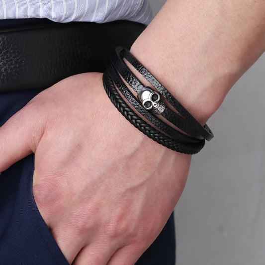 Casual Hip-Hop Skull Pu Leather Alloy Men'S Wristband