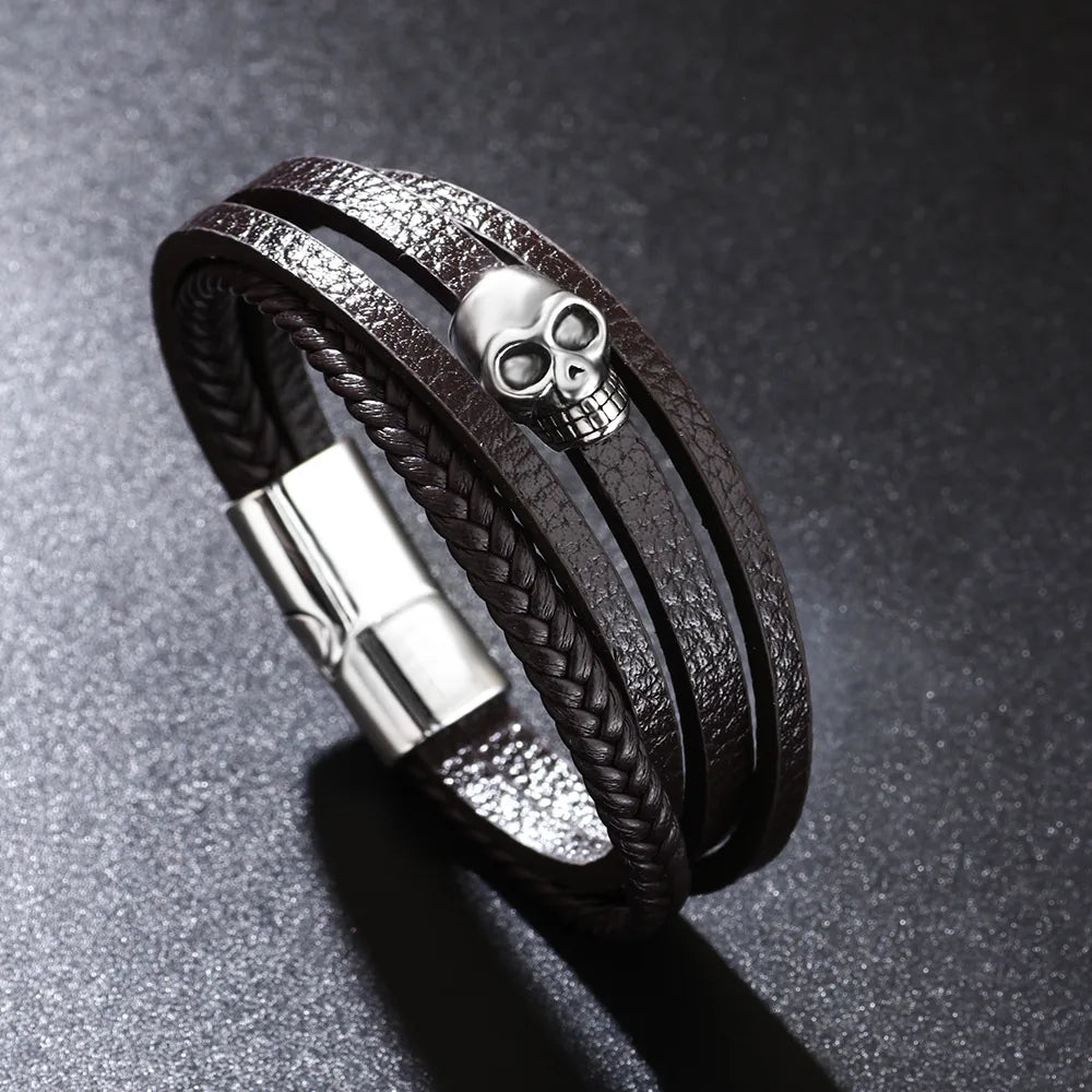 Casual Hip-Hop Skull Pu Leather Alloy Men'S Wristband