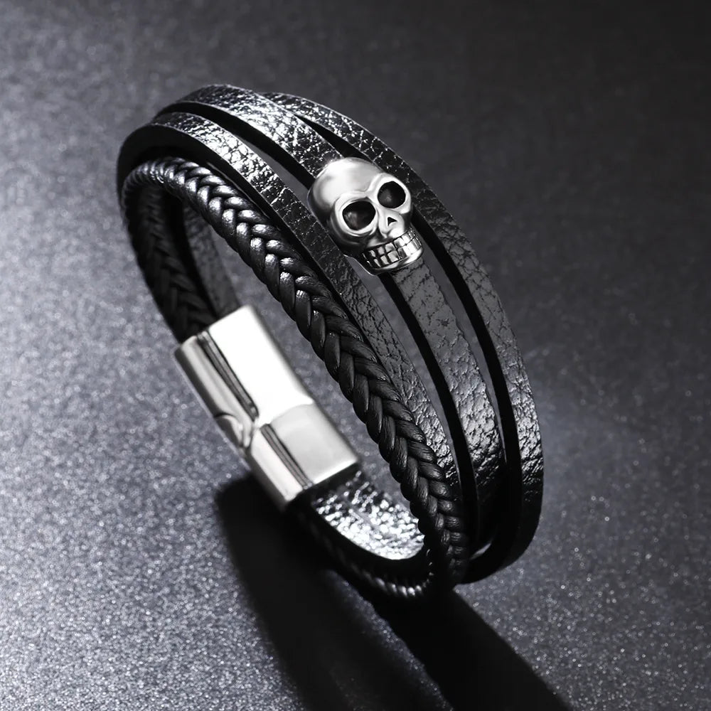 Casual Hip-Hop Skull Pu Leather Alloy Men'S Wristband