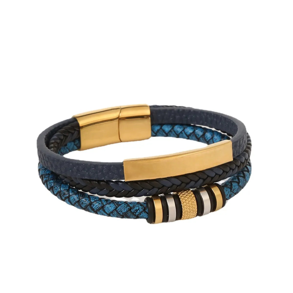 Casual Hip-hop Stripe Plaid Twist Stainless Steel Pu Leather Plating Magnetic Braid Gold Plated Bracelets Bangle