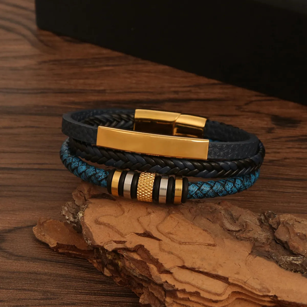 Casual Hip-hop Stripe Plaid Twist Stainless Steel Pu Leather Plating Magnetic Braid Gold Plated Bracelets Bangle