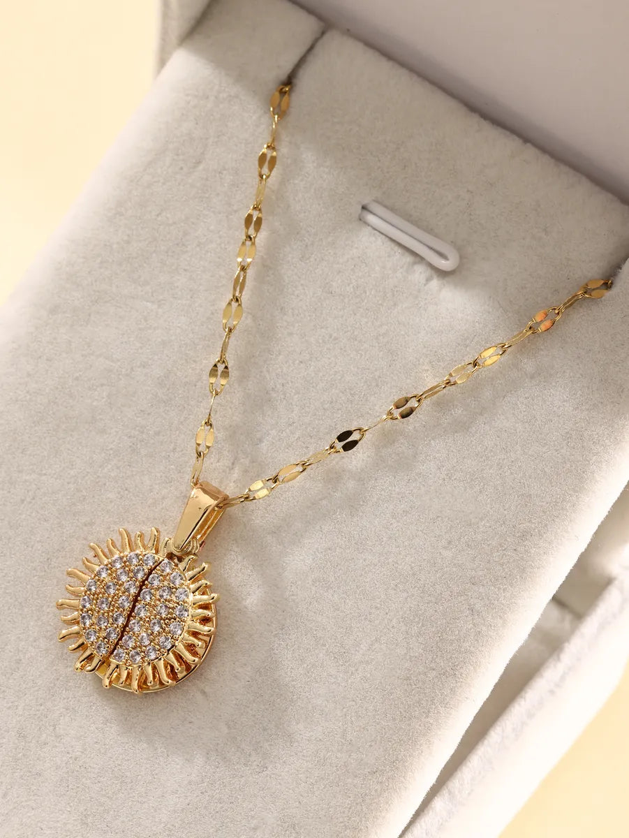 Casual Hip-hop Sun Stainless Steel Zircon 18k Gold Plated Pendant Necklace