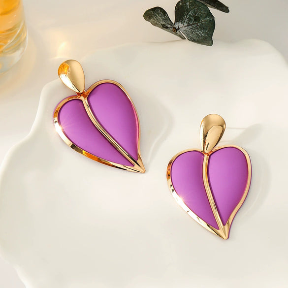 Casual Holiday Style Colormatching Love Paint Exaggerated Metal Heartshaped Earrings With Electroplating For Women