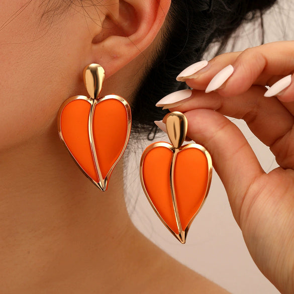 Casual Holiday Style Colormatching Love Paint Exaggerated Metal Heartshaped Earrings With Electroplating For Women