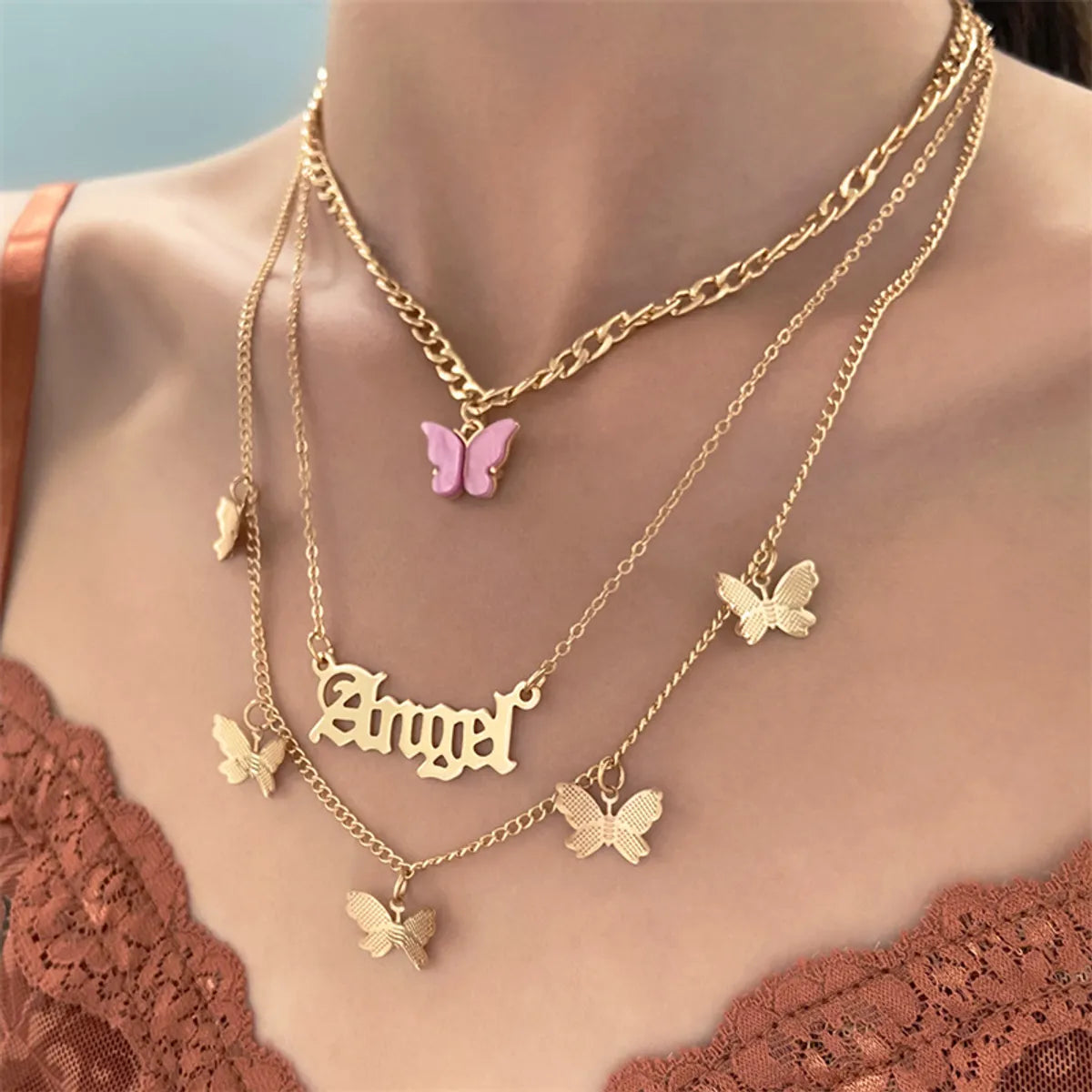 Casual Lady Star Moon Butterfly Alloy Metal Brass Plating Inlay Rhinestones Pearl Zircon 18k Gold Plated Gold Plated Silver Plated Layered Necklaces Long Necklace Necklace