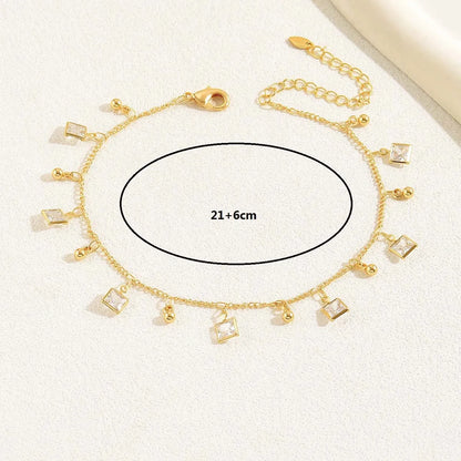 Casual Lady Vacation Square Water Droplets Copper Plating Inlay Zircon 18k Gold Plated Women'S Anklet