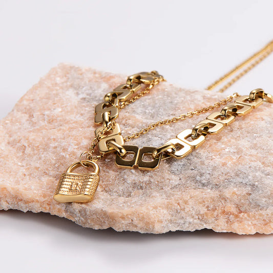 Casual Lock Stainless Steel 18k Gold Plated Layered Necklaces