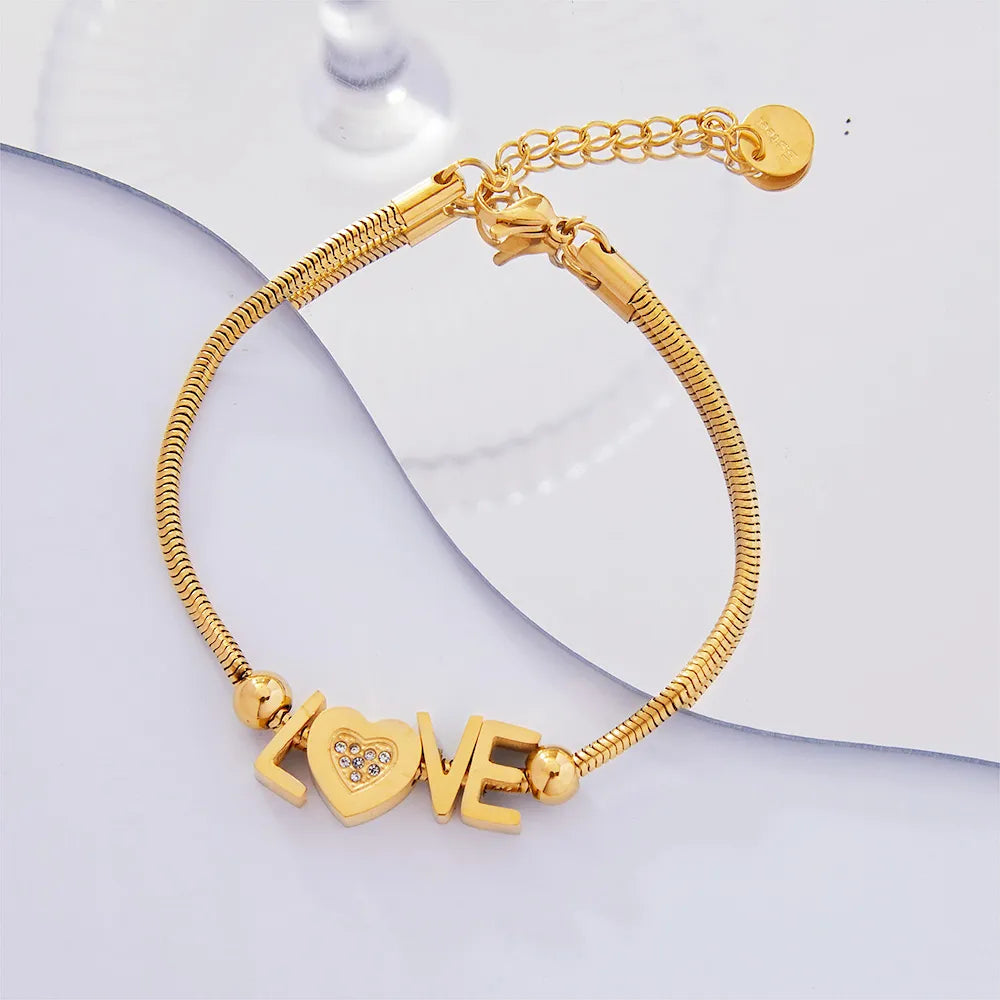 Casual Luxurious Modern Style Letter Heart Shape Titanium Steel 18K Gold Plated Rhinestones Bracelets In Bulk