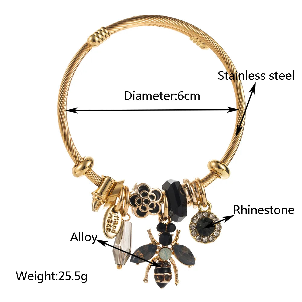 Casual Modern Style Classic Style Bee 304 Stainless Steel 14K Gold Plated Rhinestones Bangle In Bulk