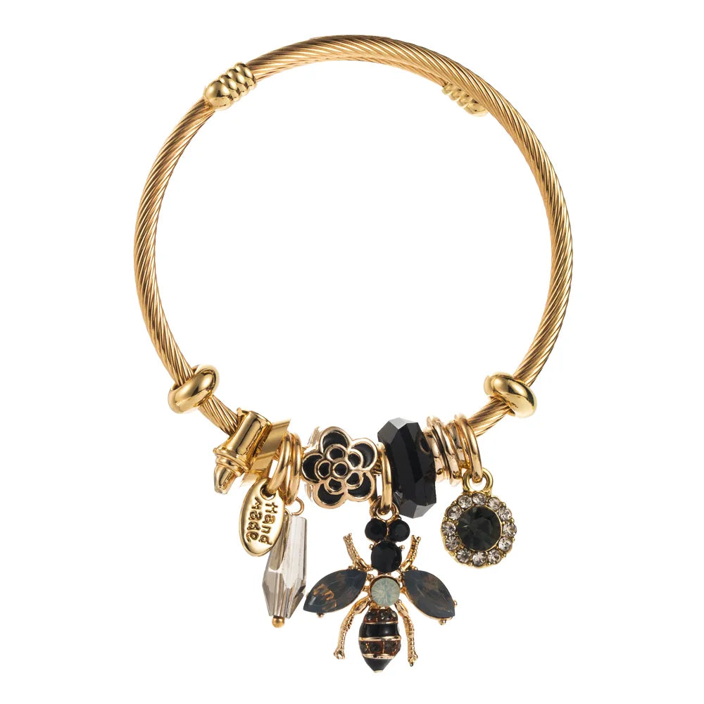 Casual Modern Style Classic Style Bee 304 Stainless Steel 14K Gold Plated Rhinestones Bangle In Bulk