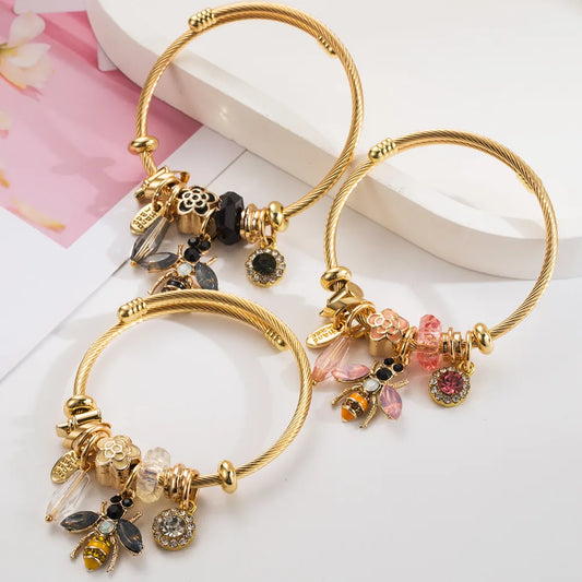 Casual Modern Style Classic Style Bee 304 Stainless Steel 14K Gold Plated Rhinestones Bangle In Bulk