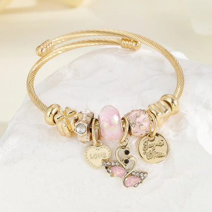 Casual Modern Style Classic Style Swan Bear 304 Stainless Steel Alloy Gold Plated Rhinestones Pearl Bangle In Bulk