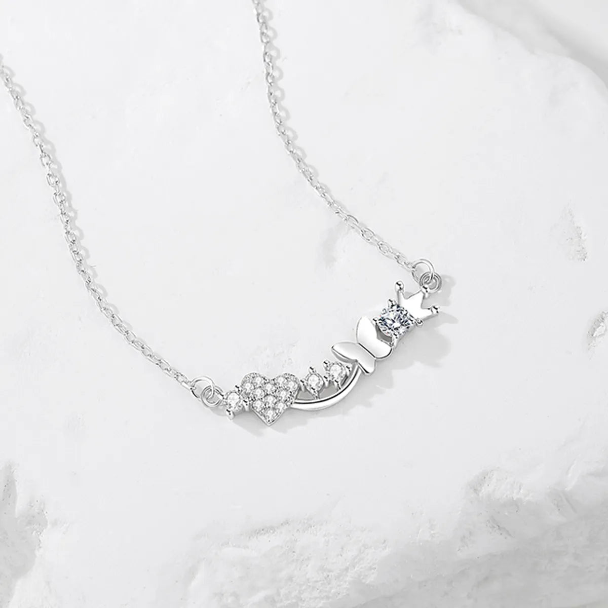 Casual Modern Style Commute Heart Shape Crown Butterfly Sterling Silver Polishing Plating Inlay Zircon Necklace