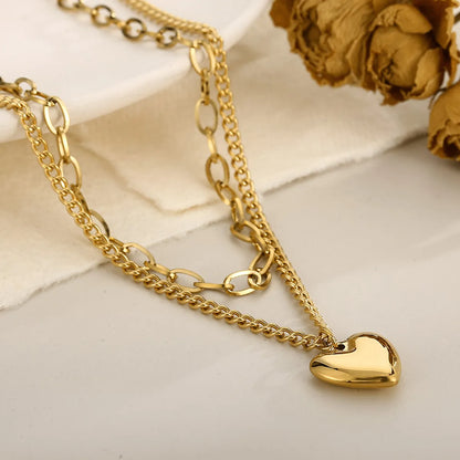 Casual Modern Style Heart Shape Stainless Steel Titanium Steel Plating 18k Gold Plated Layered Necklaces