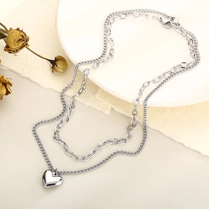 Casual Modern Style Heart Shape Stainless Steel Titanium Steel Plating 18k Gold Plated Layered Necklaces