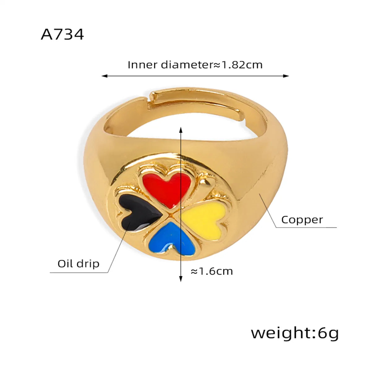 Casual Modern Style Simple Style Heart Shape Copper Enamel Plating 18k Gold Plated Rings