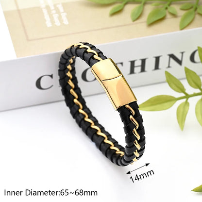 Casual Modern Style Simple Style Totem Solid Color Skull 304 Stainless Steel Genuine Cowhide Handmade Polishing Gold Plated Men'S Wristband