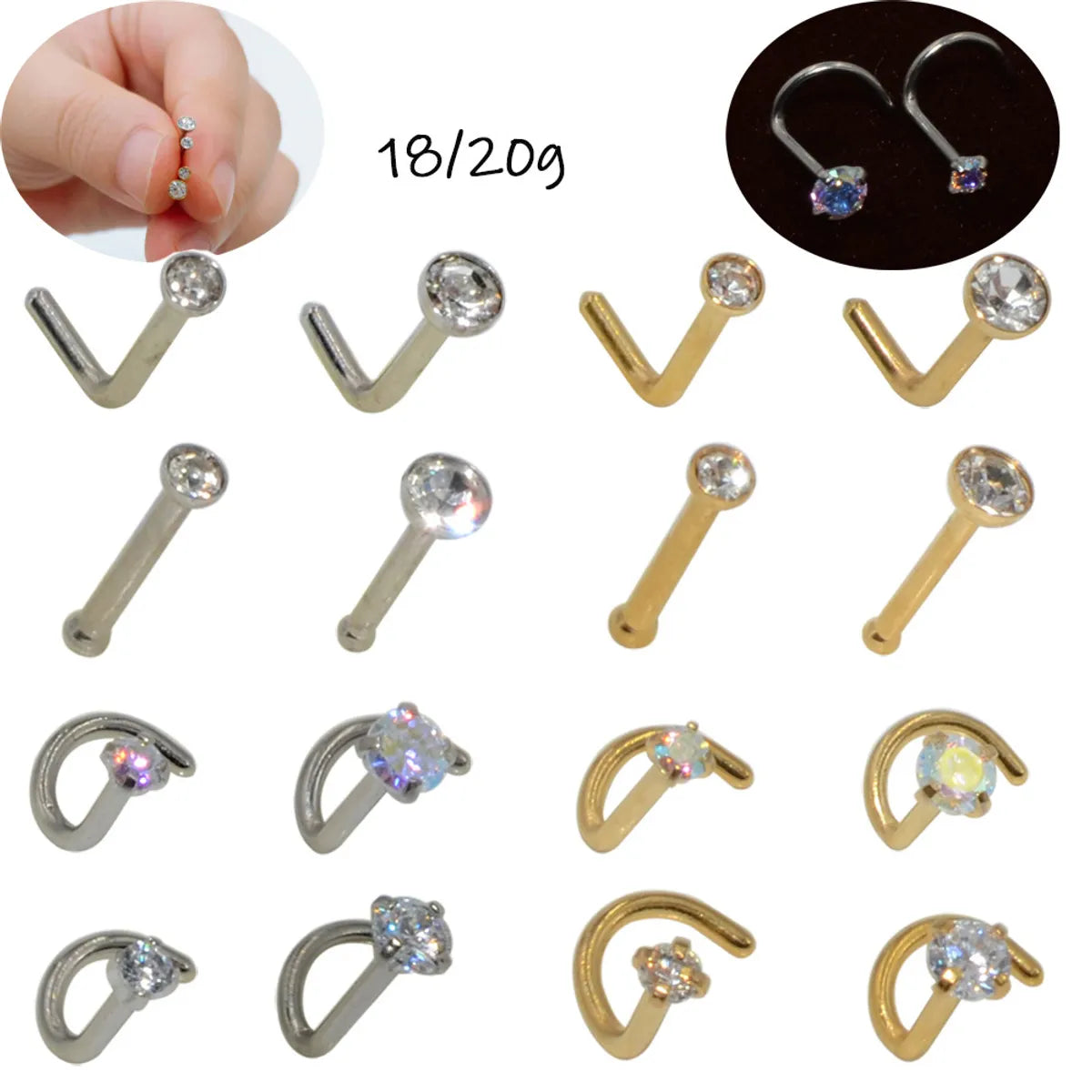 1 Piece Nose Rings & Studs Casual Modern Style Solid Color 304 Stainless Steel Plating Inlay Zircon 18K Gold Plated