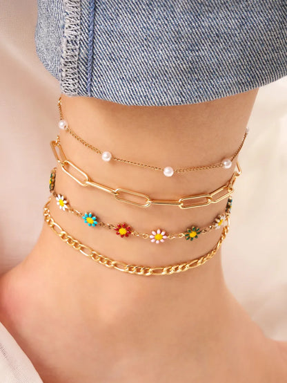 Casual Pastoral Flower Alloy Star Enamel Women'S Bracelets Anklet