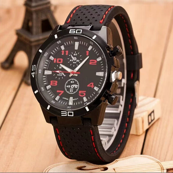 Casual Plastic Case Silicone Strap Stainless Steel Buckle Round Dial Men's Quartz Watch