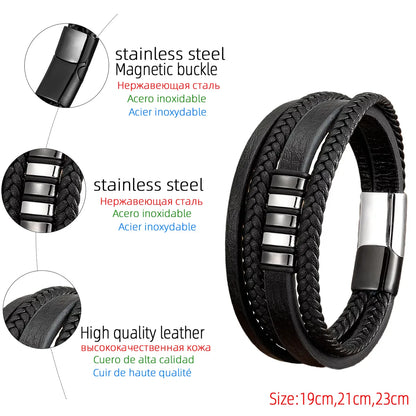 Casual Punk Geometric Stainless Steel Pu Leather Layered Metal Button Unisex Bracelets