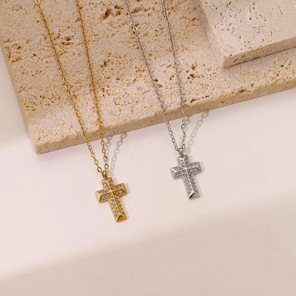 Casual Punk Simple Style Cross Stainless Steel Plating Inlay Carving Zircon White Gold Plated Gold Plated Pendant Necklace