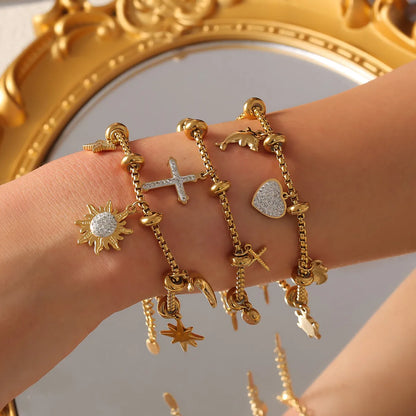 Casual Retro Cross Star Heart Shape 304 Stainless Steel 18K Gold Plated Rhinestones Bracelets In Bulk