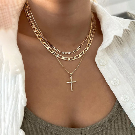 Casual Retro Geometric Cross Alloy Plating Inlay Zircon Women's Three Layer Necklace