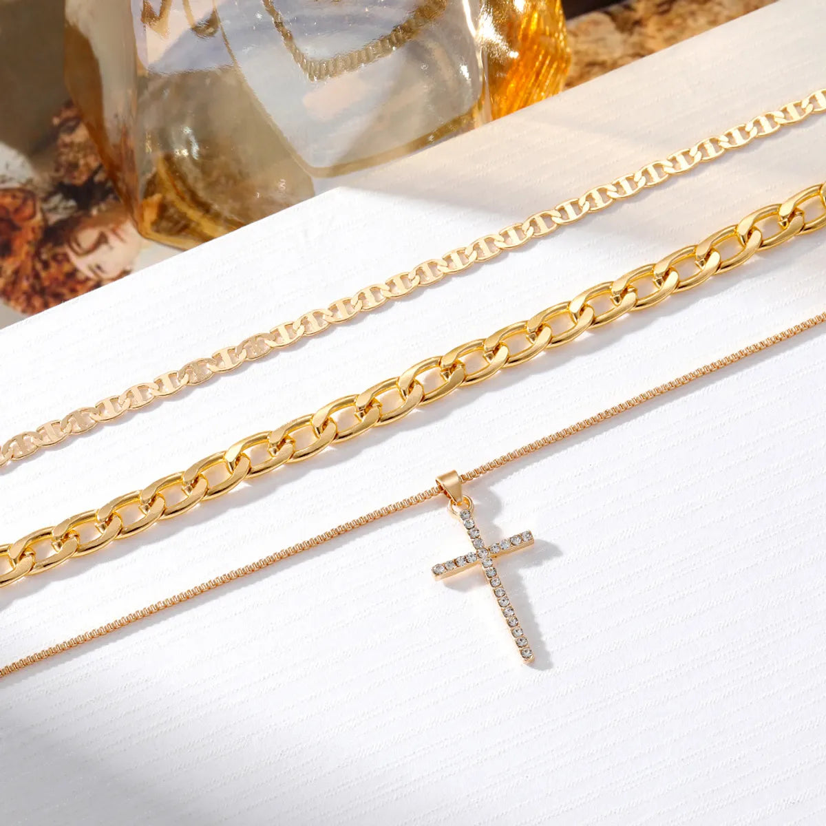 Casual Retro Geometric Cross Alloy Plating Inlay Zircon Women's Three Layer Necklace