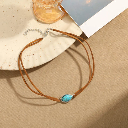 Casual Retro Oval Alloy Leather Rope Inlay Turquoise Resin Women'S Necklace